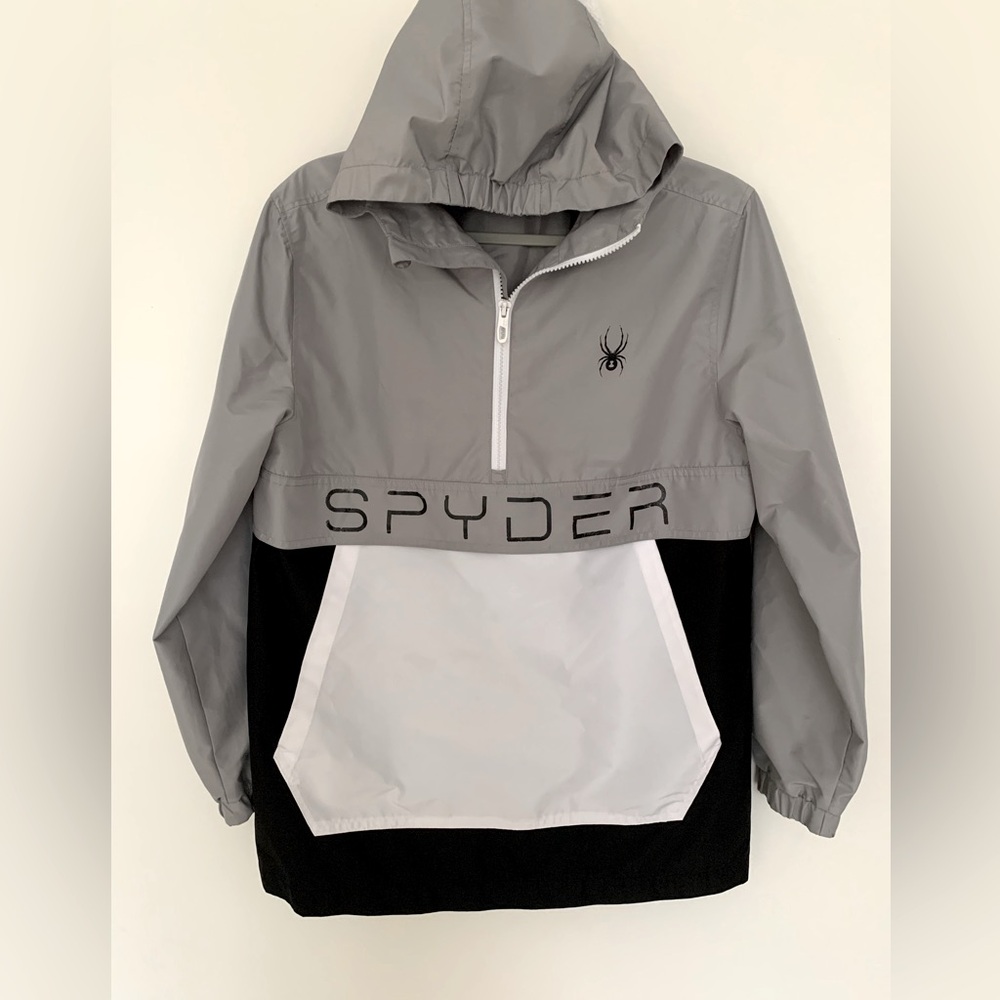 NEW! SPYDER Boys Youth Large 14/16 Gray Black White Windbreaker Pullover Jacket